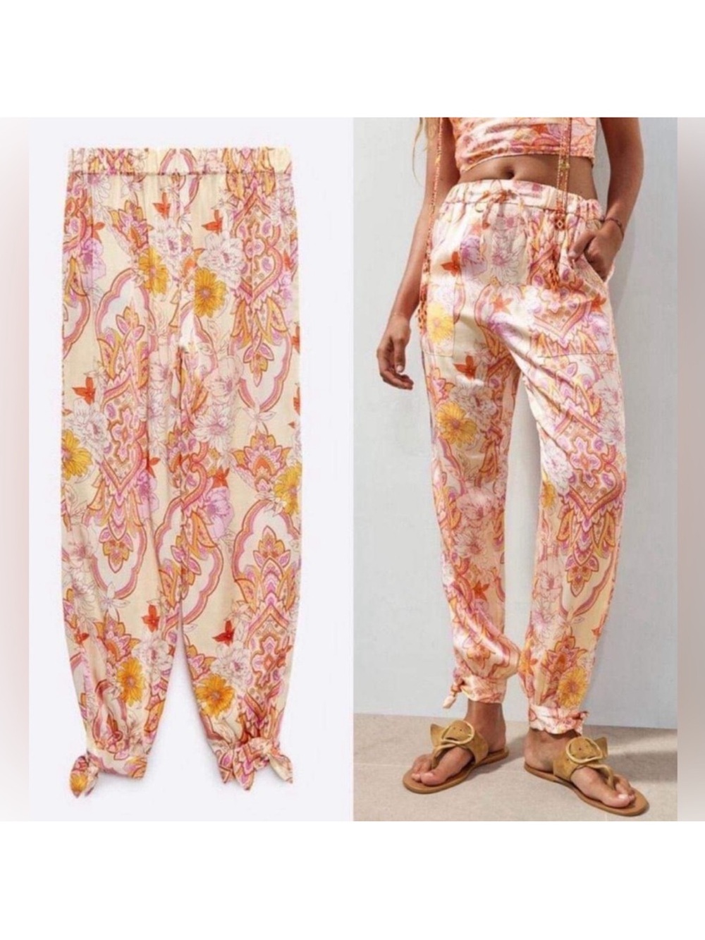 Zara The Sasha Pink & Orange Paisley Satin Tie Ankle Pants